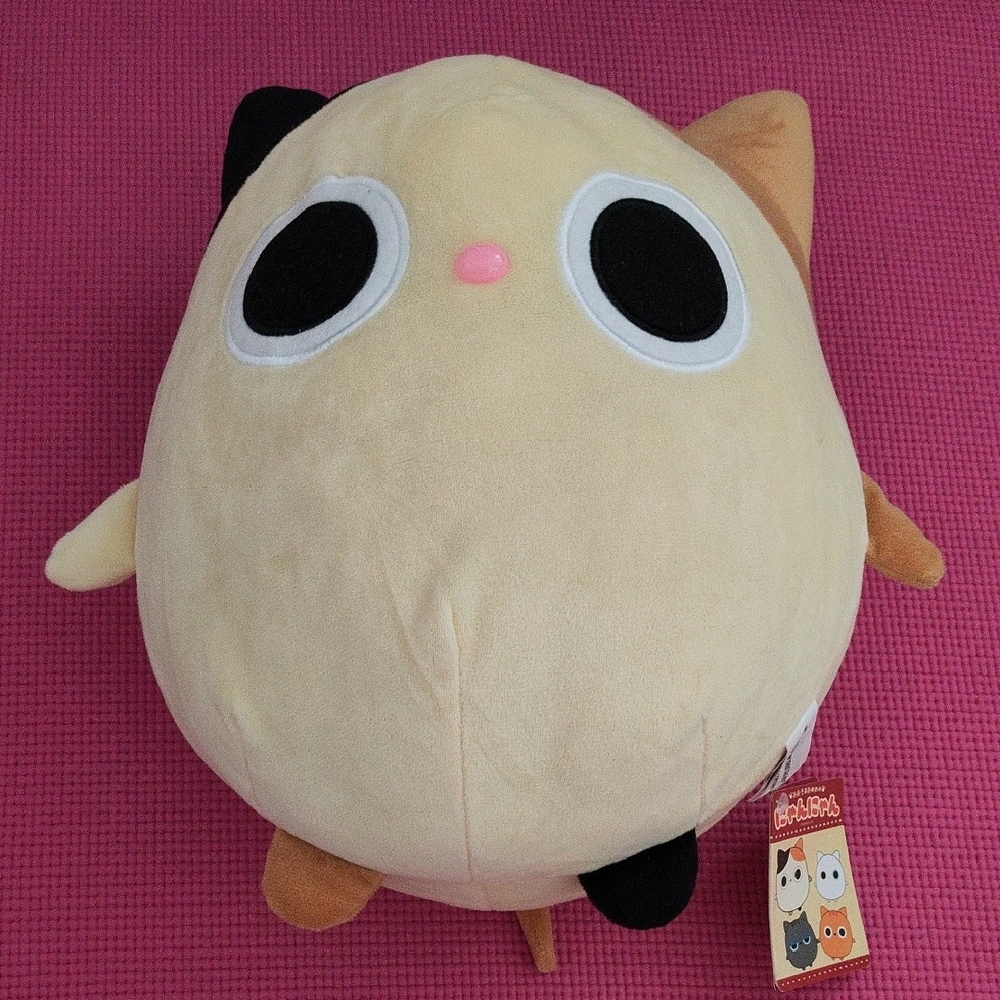 Plush Squishmallow-Style Calico Cat Plush in Cream & Black & Tan